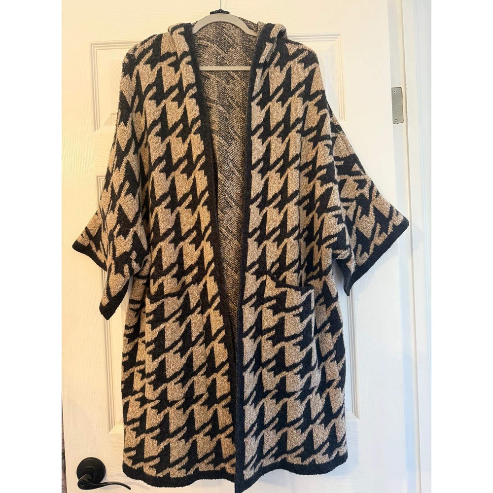 Zara Knit Hooded Cardigan Sweater M Houndstooth Black Beige Wool‎ Blend Rare